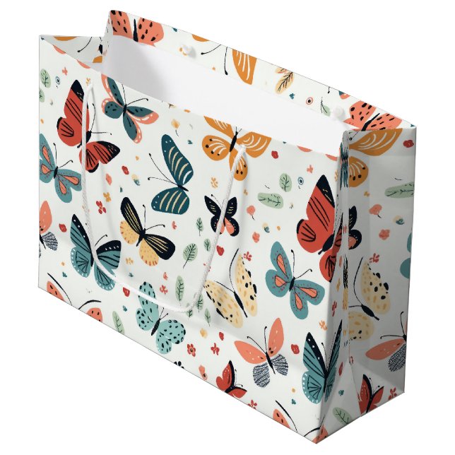 Colourful Butterfly, Flowers and Leaves Pattern Large Gift Bag (Front Angled)