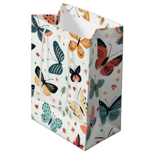 Colourful Butterfly, Flowers and Leaves Pattern Medium Gift Bag