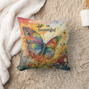 Colourful Butterfly Flowers Inspirational Quote Cushion