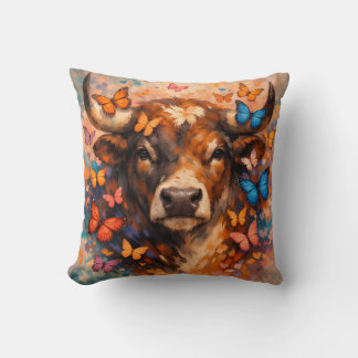 Colourful Butterfly Highland Bull Throw Pillow