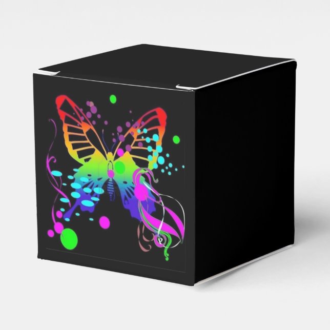 Colourful Butterfly on Black Party Favour Box (Front Side)