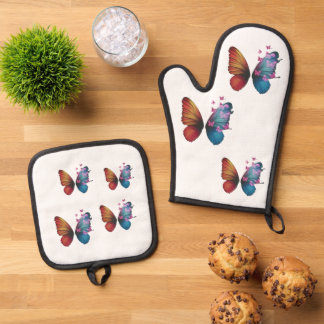 colourful butterfly oven mitt & pot holder set