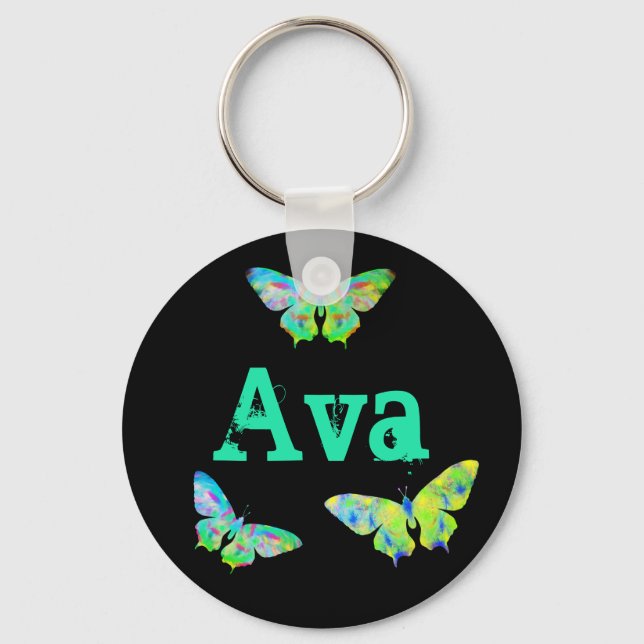 Colourful Butterfly Painting Art Ava Add Name Key Ring (Front)
