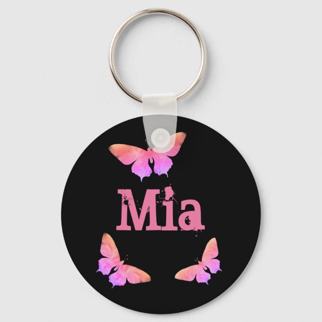 Colourful Butterfly Painting Art Pink Mia Add Name Key Ring (Front)