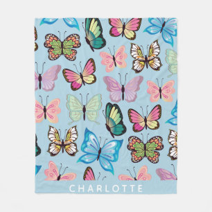 Colourful Butterfly Pattern Pastel Blue Custom Nam Fleece Blanket