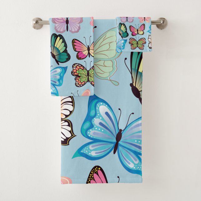 Colourful Butterfly Pattern Pastel Light Blue Bath Towel Set (Insitu)