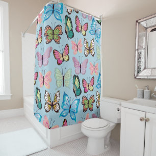 Colourful Butterfly Pattern Pastel Light Blue Shower Curtain