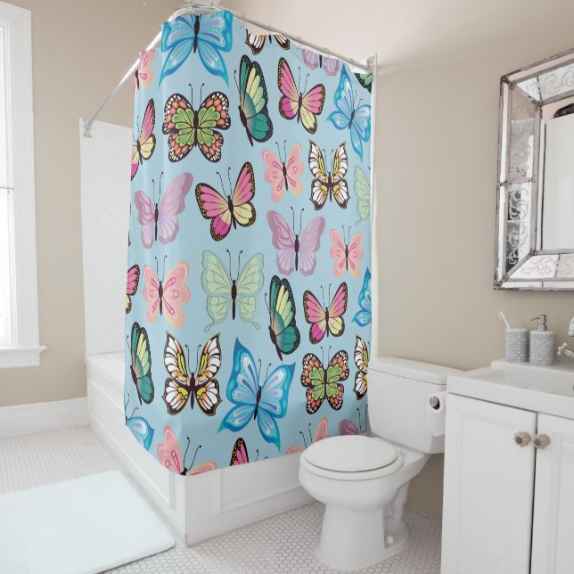 Colourful Butterfly Pattern Pastel Light Blue Shower Curtain (In Situ)