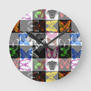 Colourful Butterfly Plaid Tartan Check Design Round Clock