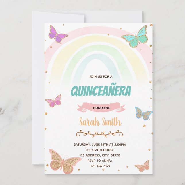 Colourful butterfly rainbow 16th birthday invitation (Front)