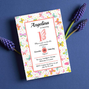 Colourful butterfly themed cute pastel 1st birthda invitation