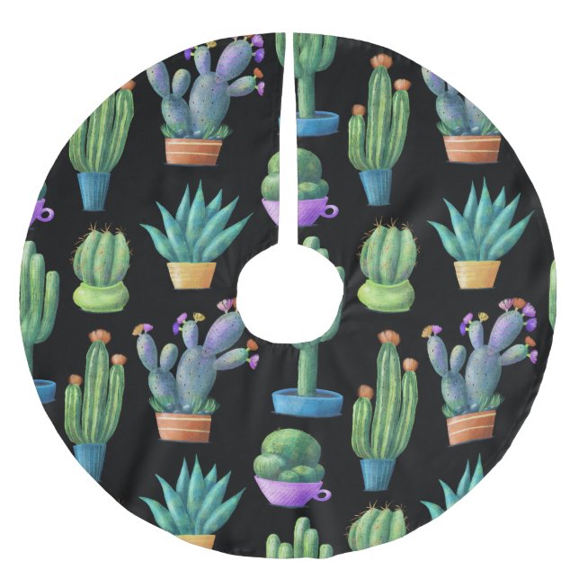 Colourful Cacti: Whimsical Seamless Design. Brushed Polyester Tree Skirt (Front)