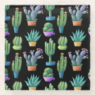 Colourful Cacti: Whimsical Seamless Design. Glass Coaster