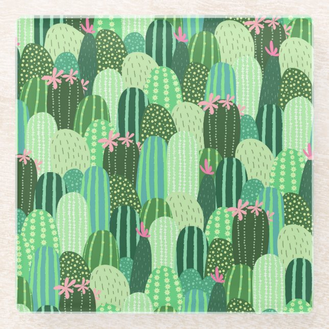 Colourful Cactus Seamless Pattern Illustration Glass Coaster (Front)