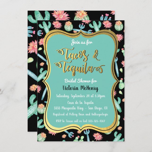 Colourful Cactus Tacos & Tequila Bridal Shower Invitation (Front/Back)