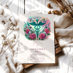 Colourful Caduceus Nurse Graduation with Syringes  Invitation