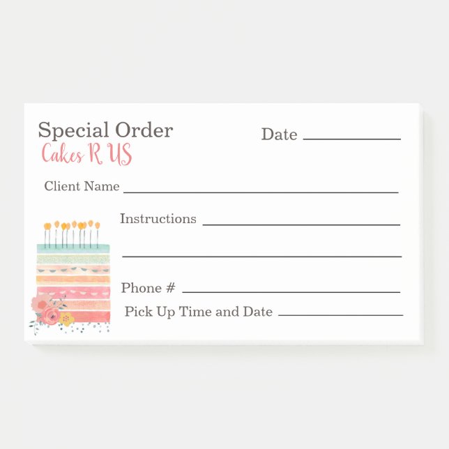 Colourful Cake Bakery Special Order Note Pad (Front)