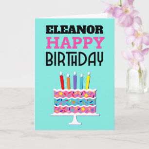 Colourful Cake Candles Name Happy Birthday Card