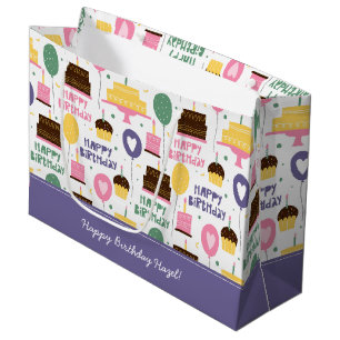 Colourful Cake Pattern Happy Birthday w/ Name + Ag Large Gift Bag