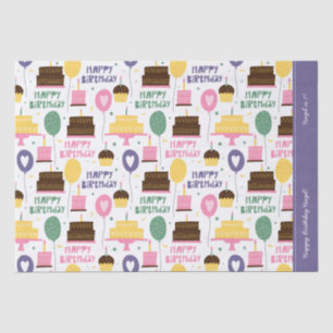 Colourful Cake Pattern Happy Birthday w/ Name Age Tissue Paper