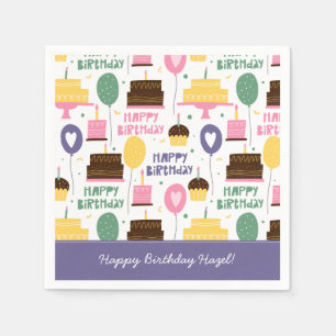 Colourful Cake Pattern Happy Birthday w/ Name Napkin