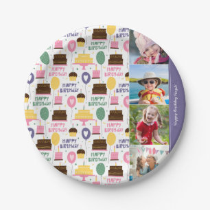 Colourful Cake Pattern Happy Birthday w/ Name Phot Paper Plate