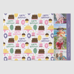 Colourful Cake Pattern Happy Birthday w/ Name Phot Tissue Paper