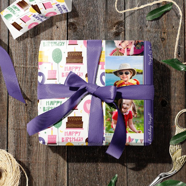 Colourful Cake Pattern Happy Birthday w/ Name Phot Wrapping Paper (Creator Uploaded)