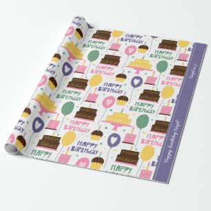 Colourful Cake Pattern Happy Birthday with Name Wrapping Paper