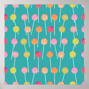Colourful Cake Pops on Teal Pattern Poster
