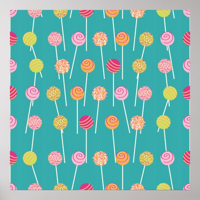 Colourful Cake Pops on Teal Pattern Poster (Front)