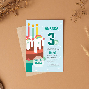 Colourful Cake & Rainbow Kids 3rd Birthday Party Invitation
