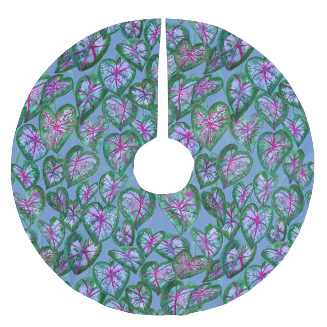 Colourful caladiums Pink Green Purple Leaves Brushed Polyester Tree Skirt (Front)