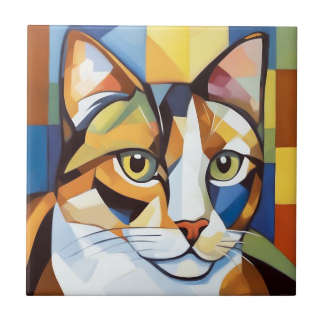 Colourful Calico Cubist Cat Ceramic Tile (Front)