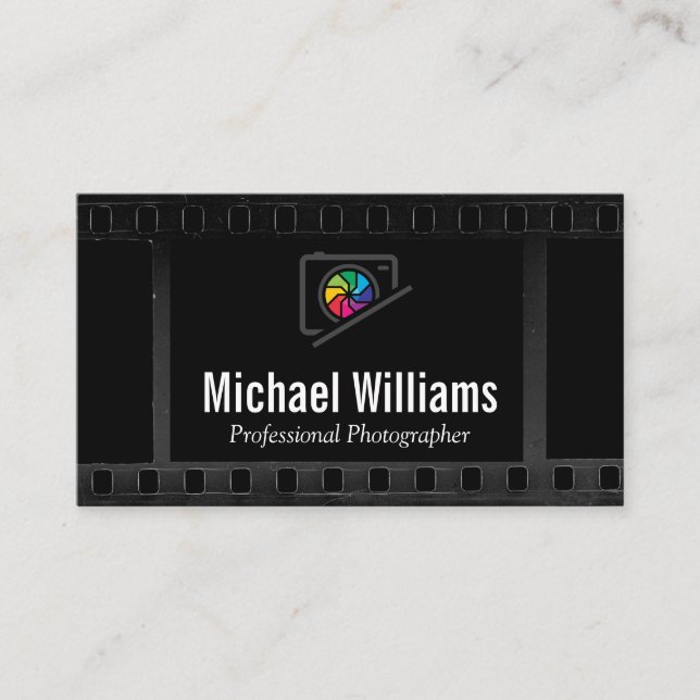 Colourful Camera Lens Logo | Film Strip Business Card (Front)