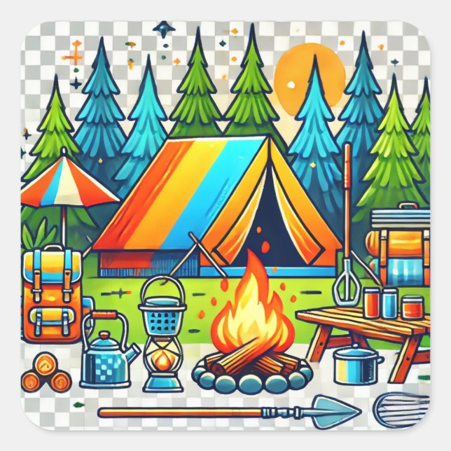 Colourful Camping Vibes – Adventure Awaits Square Sticker (Front)