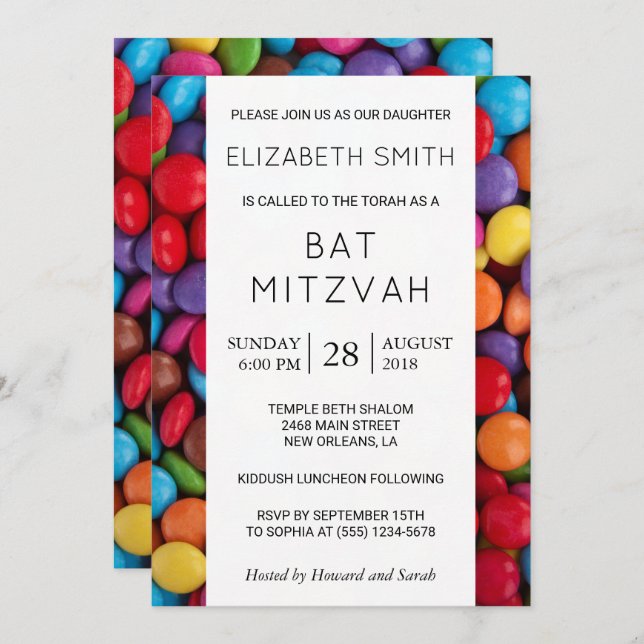 Colourful Candy, Candy Buttons, Sweets, Bat Mitzva Invitation (Front/Back)