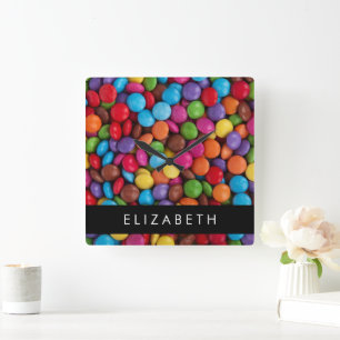 Colourful Candy, Candy Buttons, Sweets, Your Name Square Wall Clock