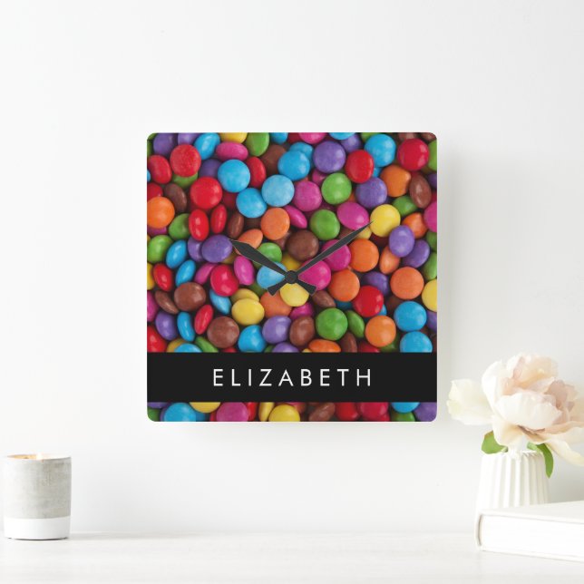 Colourful Candy, Candy Buttons, Sweets, Your Name Square Wall Clock (Home)