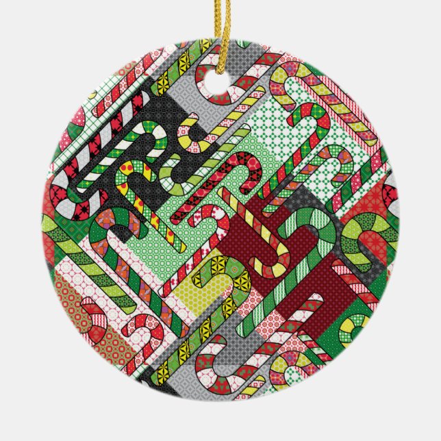 Colourful Candy Canes Ceramic Ornament (Front)