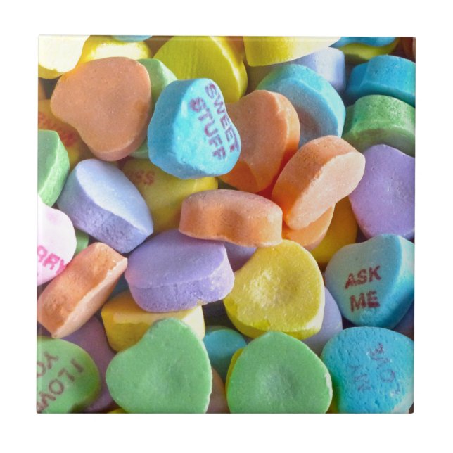 Colourful Candy Hearts Ceramic Tile (Front)