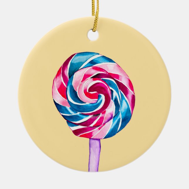 Colourful candy lollipop watercolor art ceramic ornament (Front)