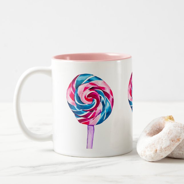 Colourful candy lollipop watercolor art Two-Tone coffee mug (With Donut)