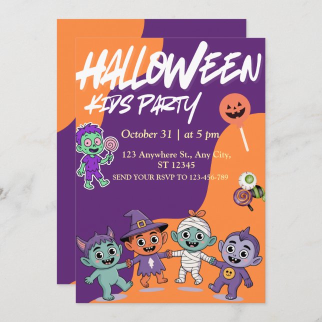 Colourful Candy Monsters Kids Halloween Invite (Front/Back)