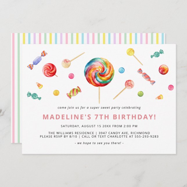 Colourful Candy | Rainbow Lollipop Birthday Party Invitation (Front/Back)