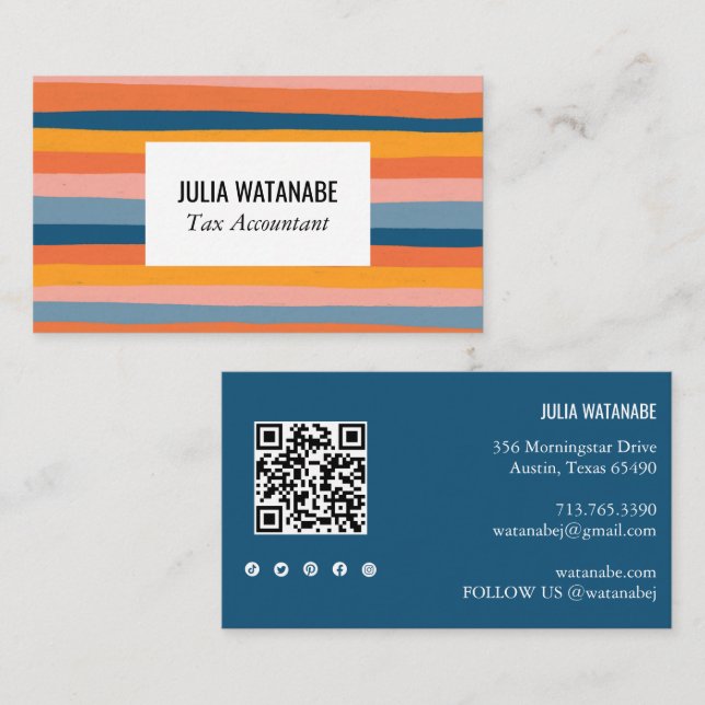 Colourful Candy Stripes QR Code Social Media Chic Business Card (Front/Back)