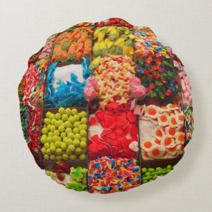 Colourful candy sweet shop round pillow