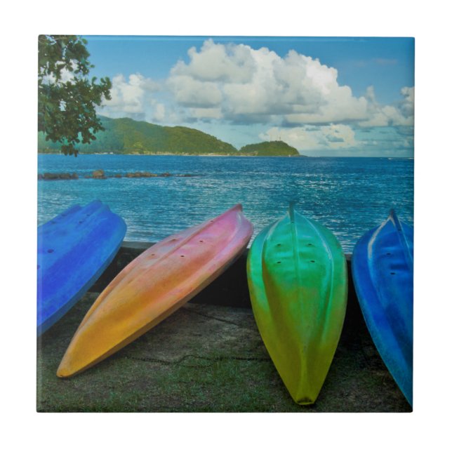 Colourful Canoes On The Beach In Pago Pago Tile (Front)