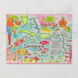 Colourful Caribbean Islands Map Postcard