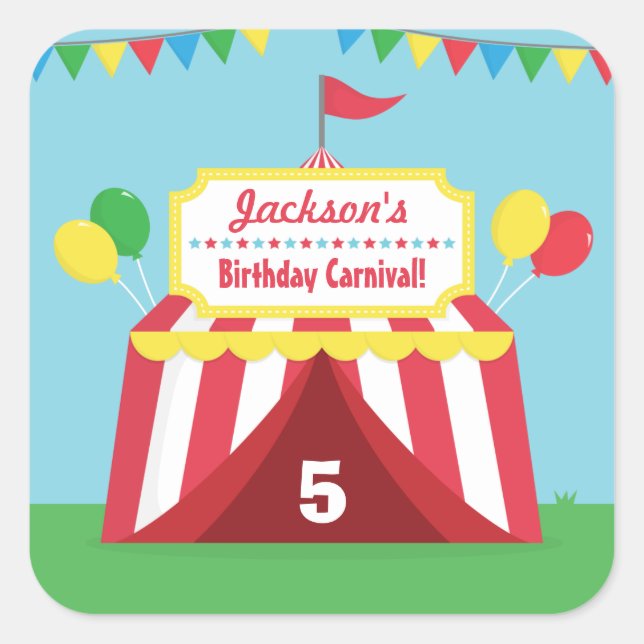 Colourful Carnival Themed Kids Birthday Party Square Sticker (Front)